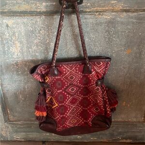 Lucky Brand Red and Brown Patterned Tote